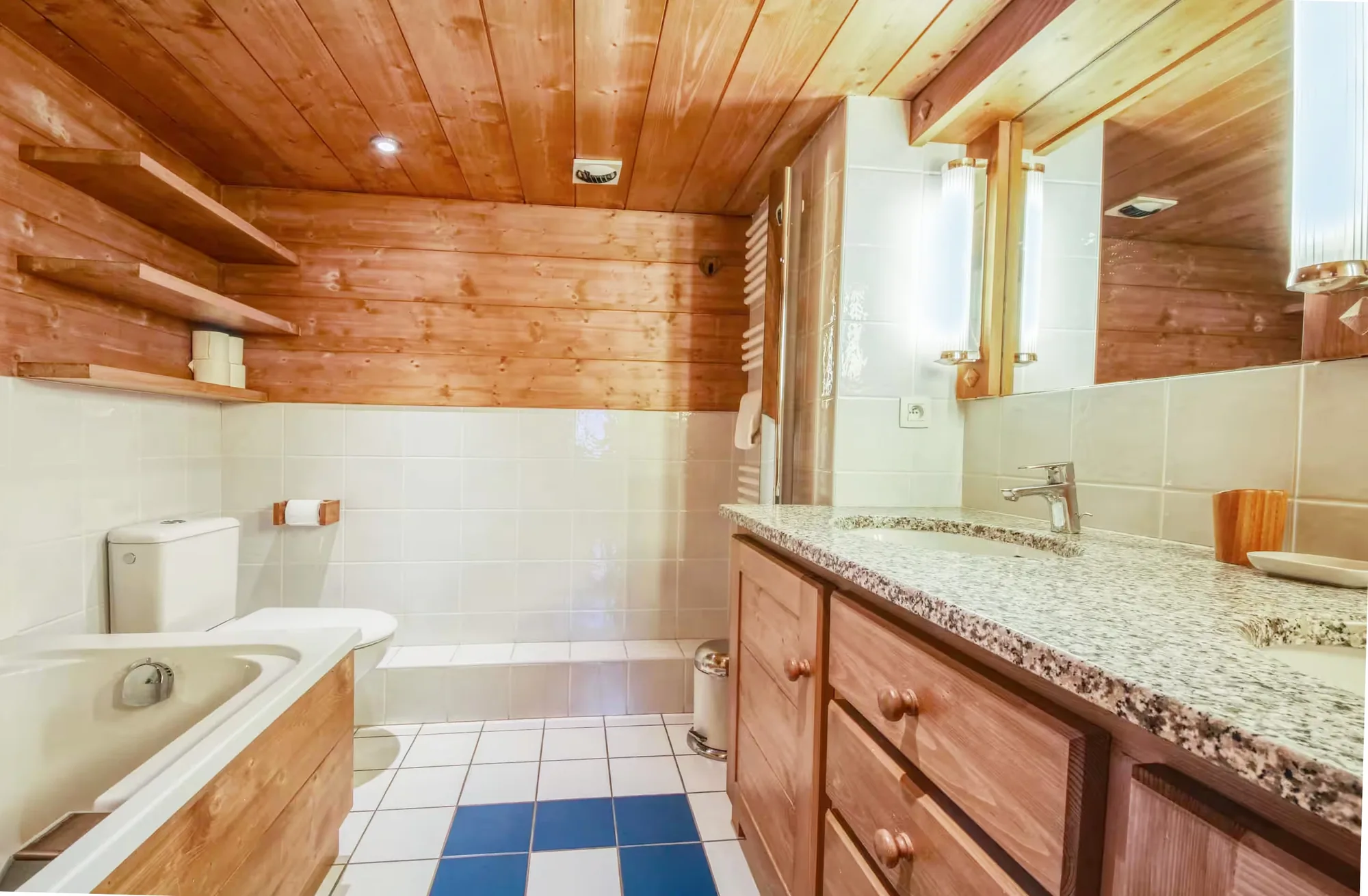 Full bathroom with bath, shower and timber cabinetry