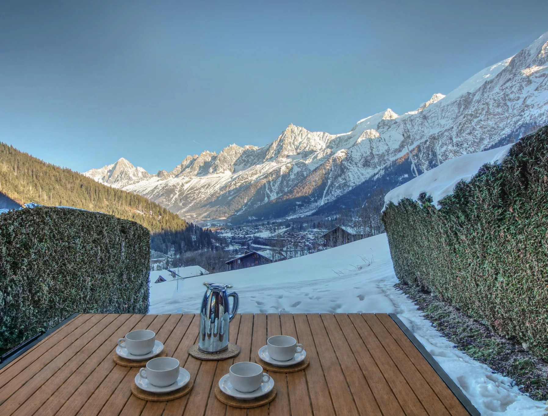 Snowy garden and panoramic mountains
